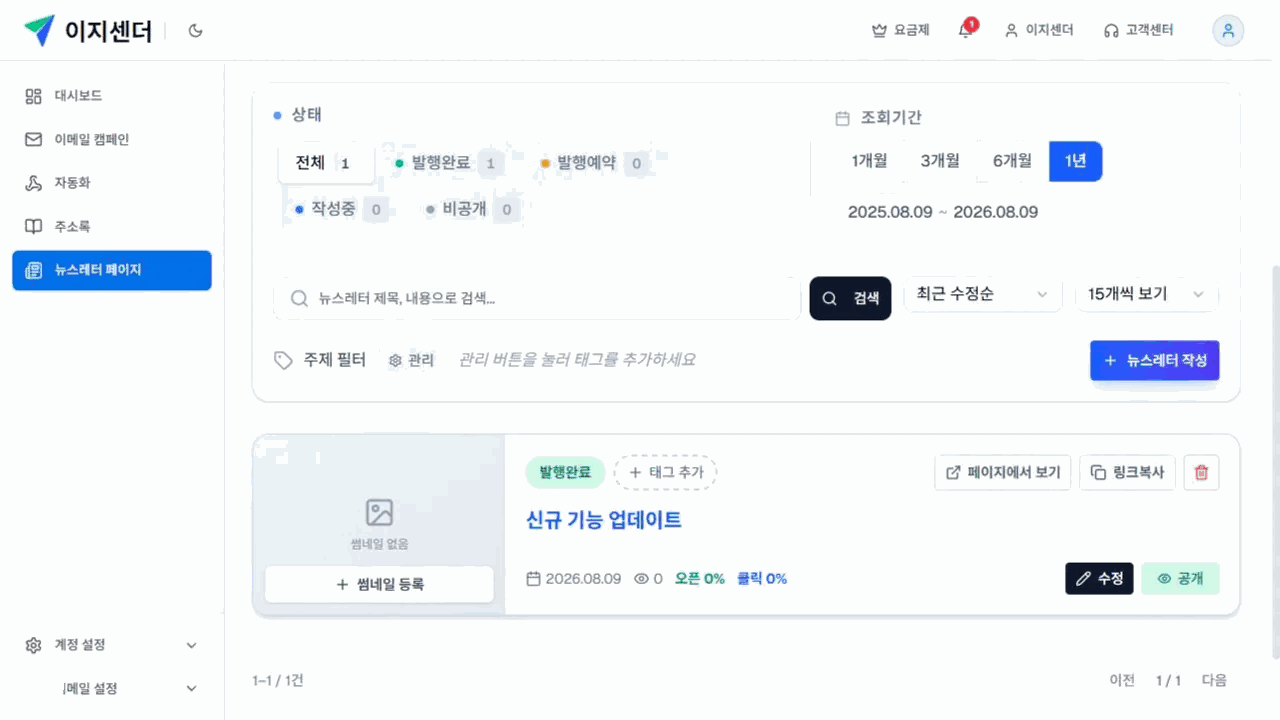 이지센더 뉴스레터 발행 글의 상태·기간·검색·태그 필터와 공개·수정 동작
