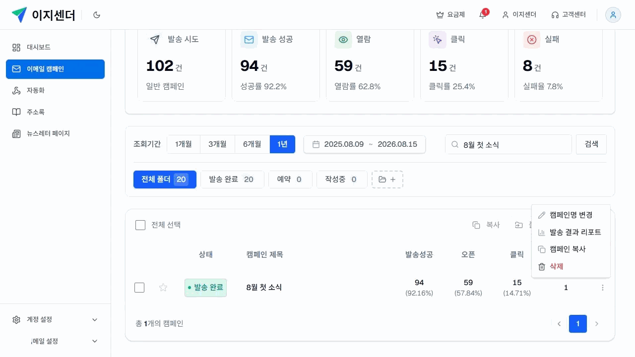 이지센더 캠페인 메뉴의 캠페인명 변경·캠페인 복사·삭제 작업