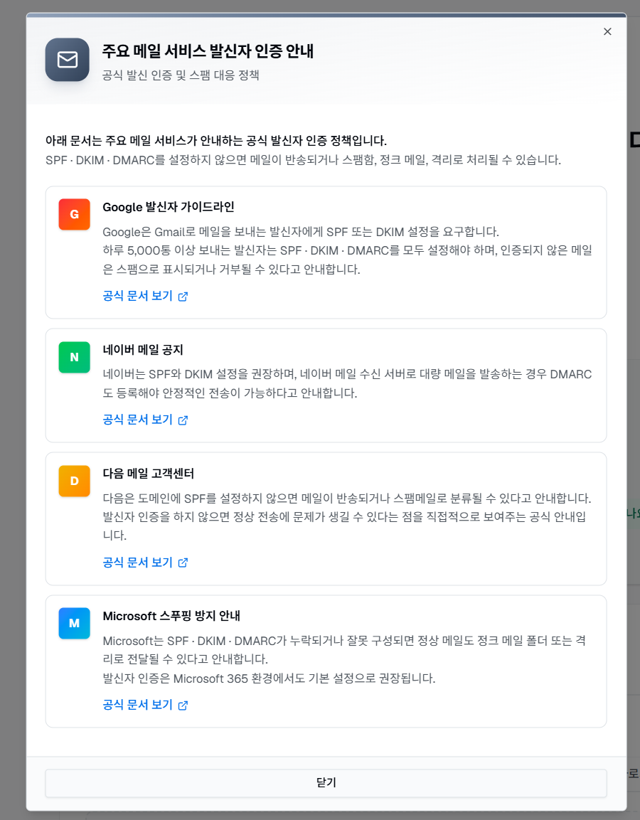 Google 네이버 다음 Microsoft의 공식 이메일 발신자 인증과 스팸 대응 정책을 모아 보여주는 안내 창